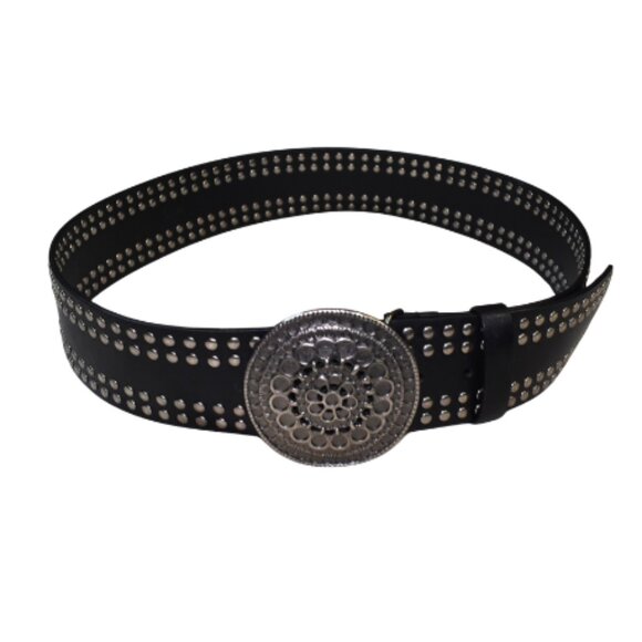 Black Studded Lambskin Leather Wide Belt Round Buckle Women’s XL - Picture 1 of 10